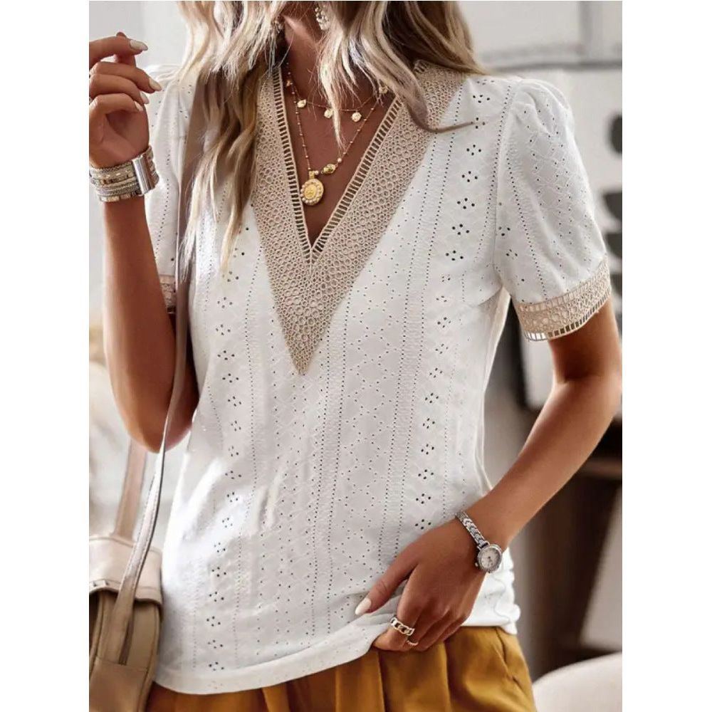 Women's V-neck Lace Loose Top Hollow Out Short Sleeve Shirt - Jointcorp
