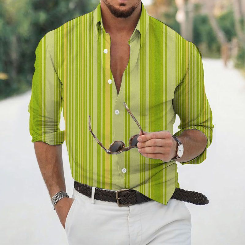 Men's Fashion Casual Vertical Stripes Lapel Digital Print Long Sleeve - Jointcorp