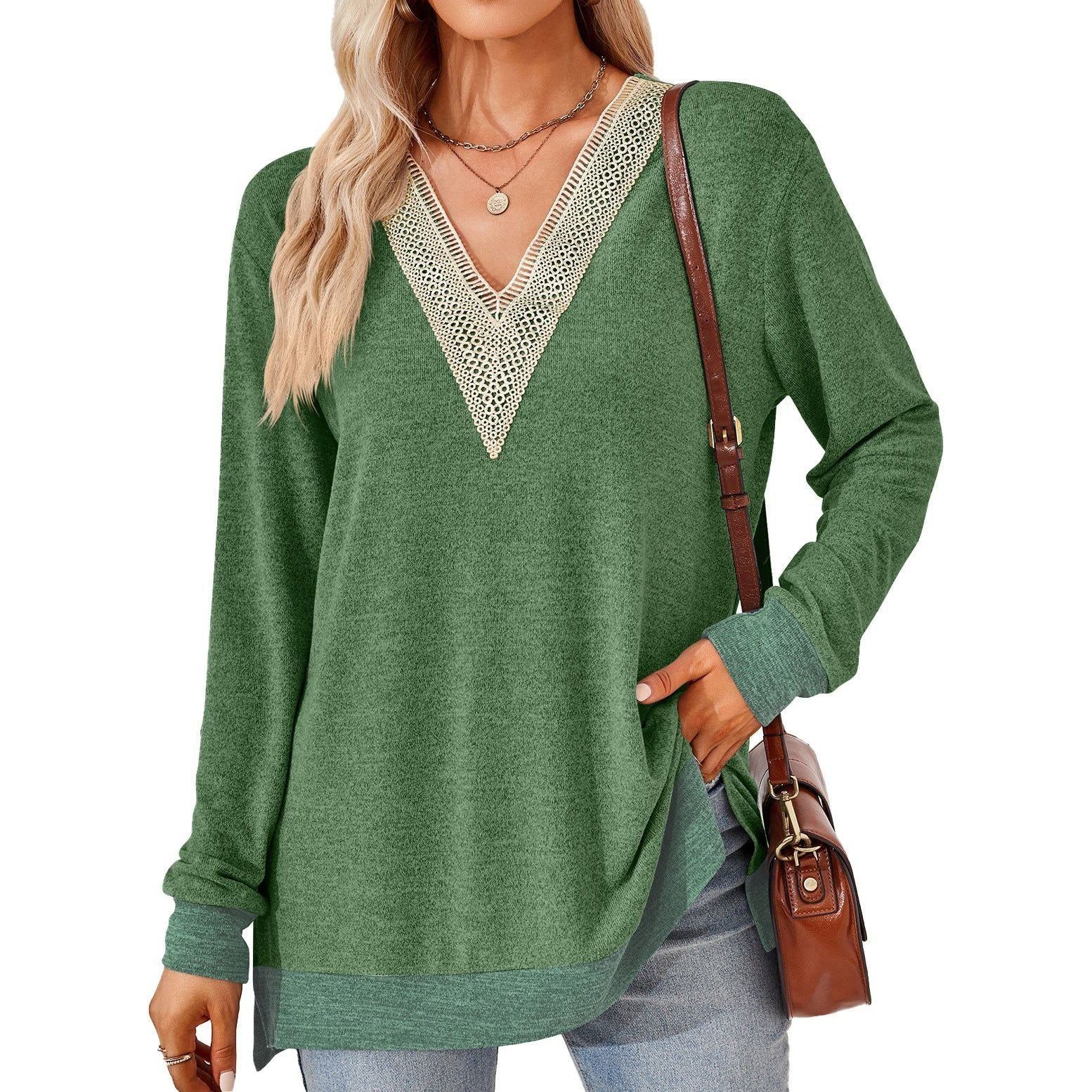 Women's Fashion V-neck Lace Solid Color Loose-fitting T-shirt Top