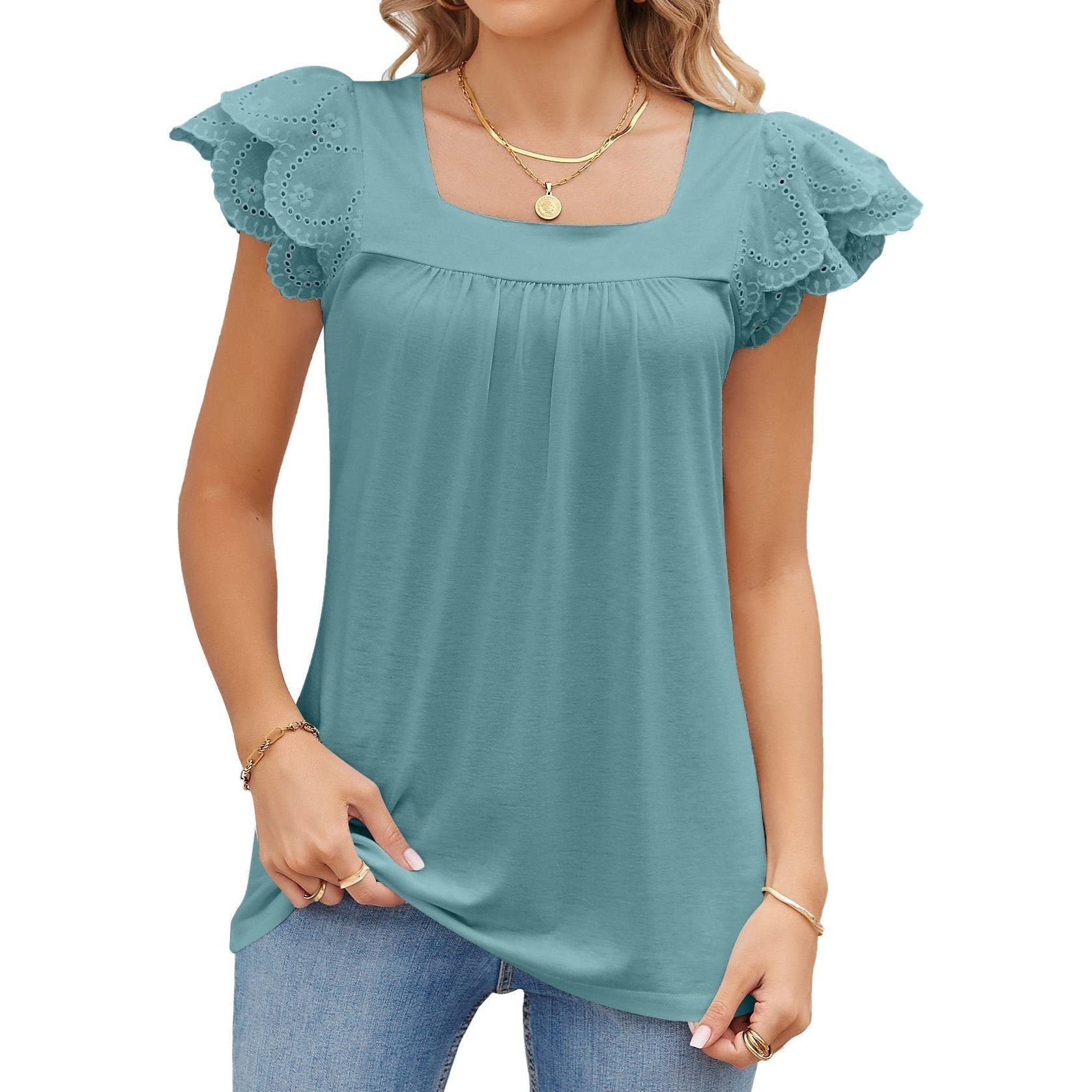 Solid Color Lace Stitching Square Collar Petals Short Sleeve T-shirt Top Female