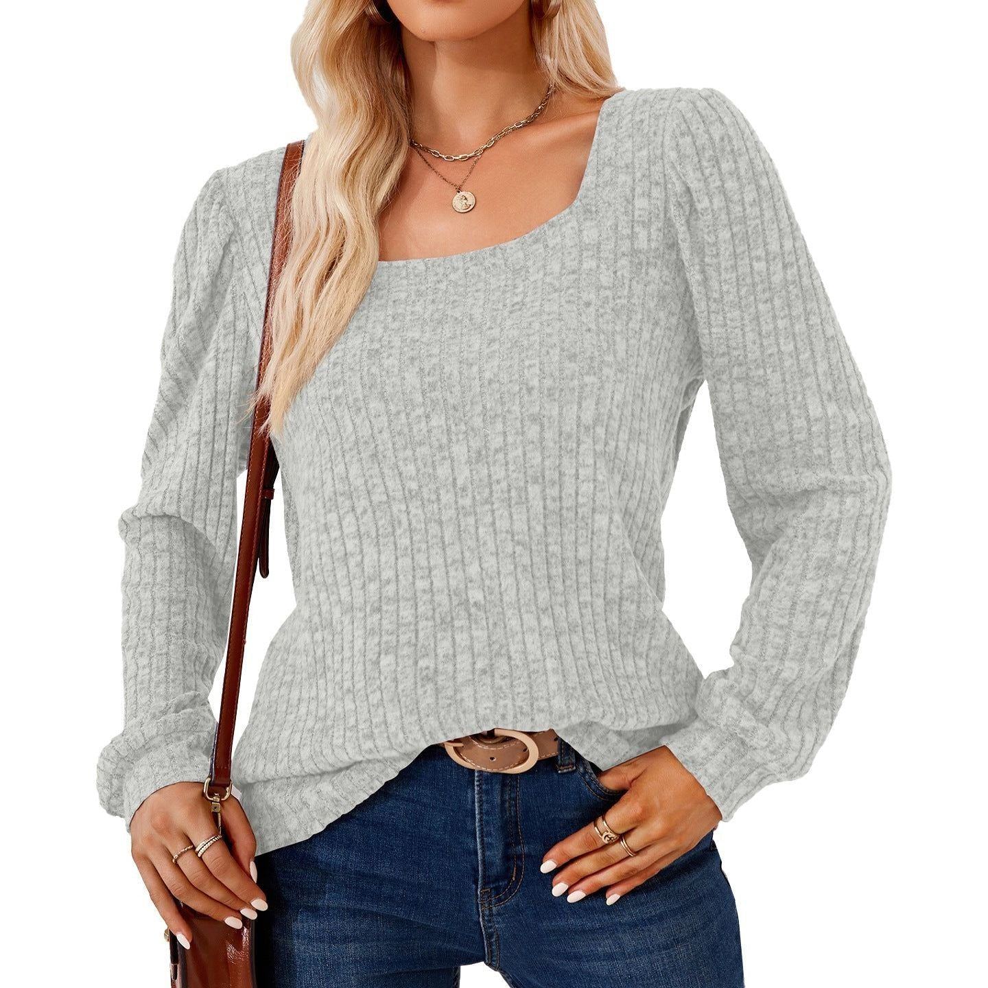 Square Collar Solid Color Rib Fabric Loose Long-sleeved T-shirt Top For Women
