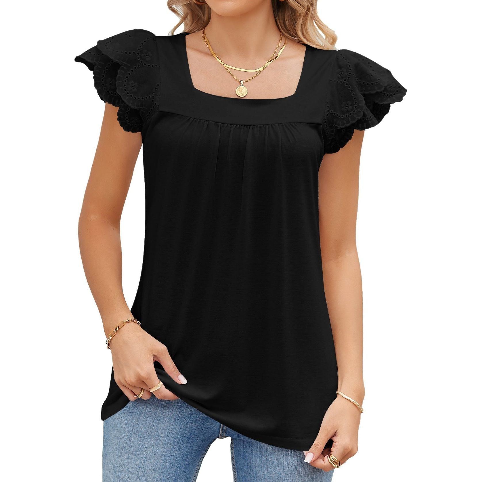 Solid Color Lace Stitching Square Collar Petals Short Sleeve T-shirt Top Female