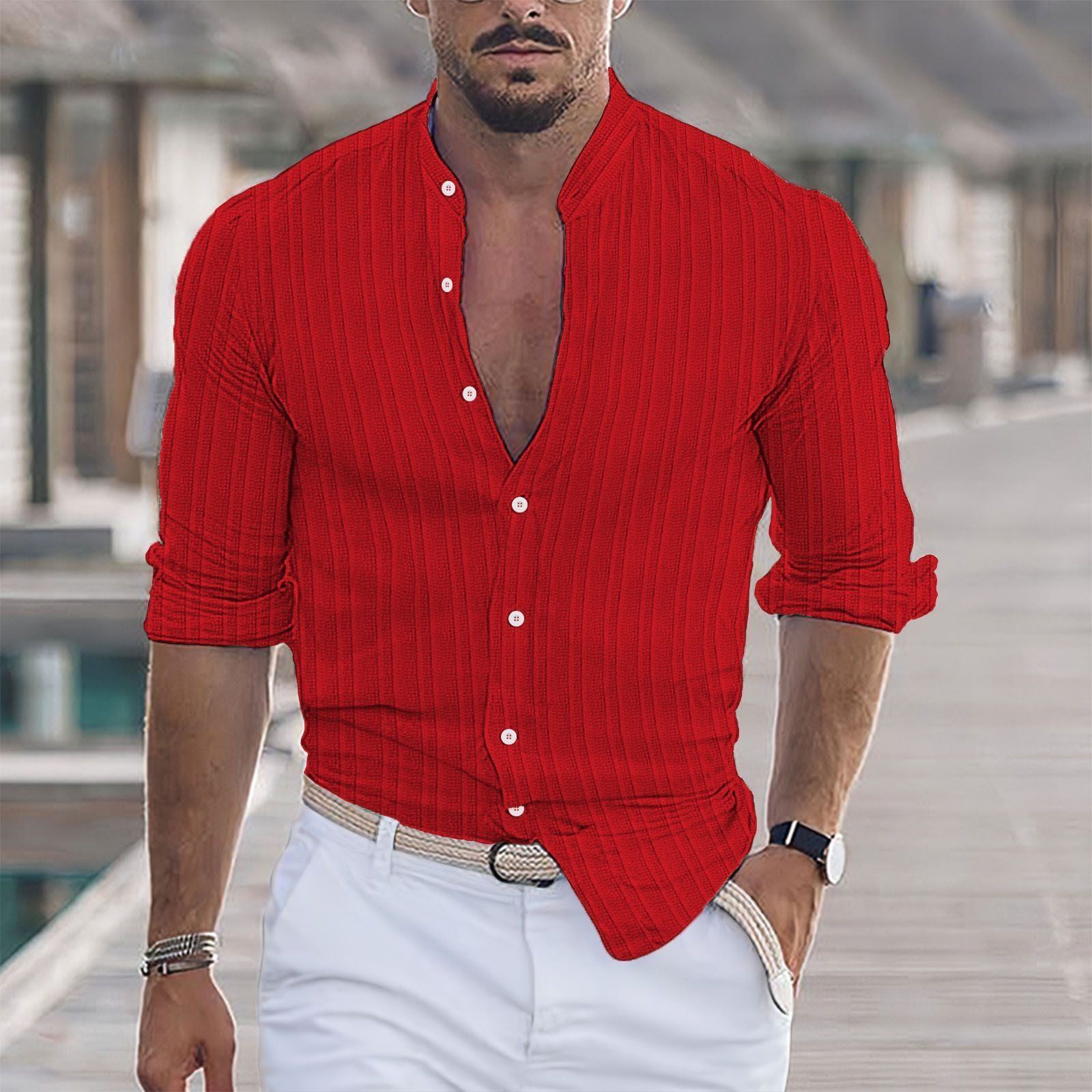 European And American Men's Cotton And Linen Stripes Jacquard Shirt - Jointcorp