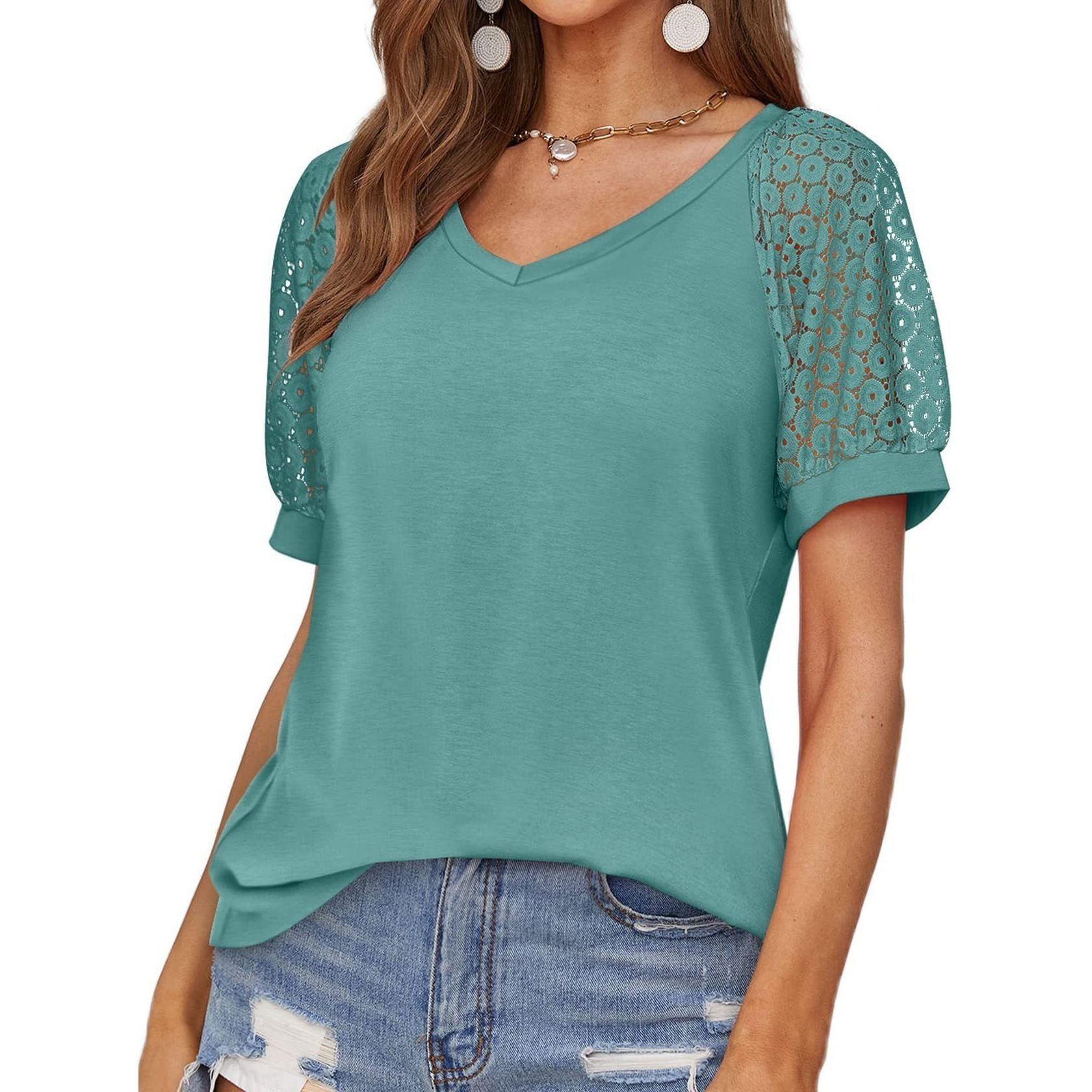 V-neck Lace Stitching Casual T-shirt For Women