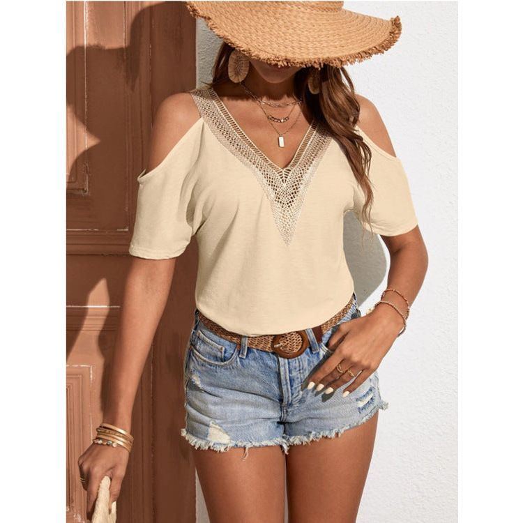 Summer New V-neck Casual Hollow Sleeve Short Sleeve Solid Color Top - Jointcorp