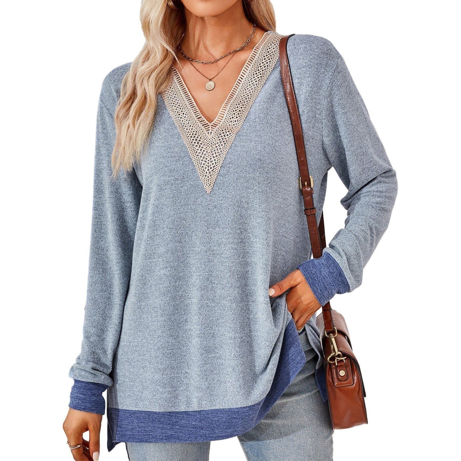 Women's Fashion V-neck Lace Solid Color Loose-fitting T-shirt Top