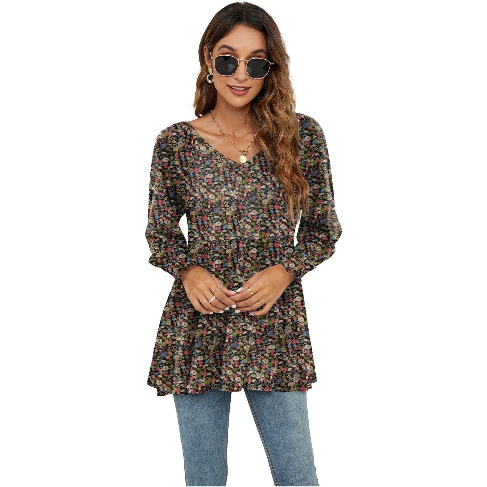 Women's Fashion Casual Printing Bubble Long Sleeve Waist Top