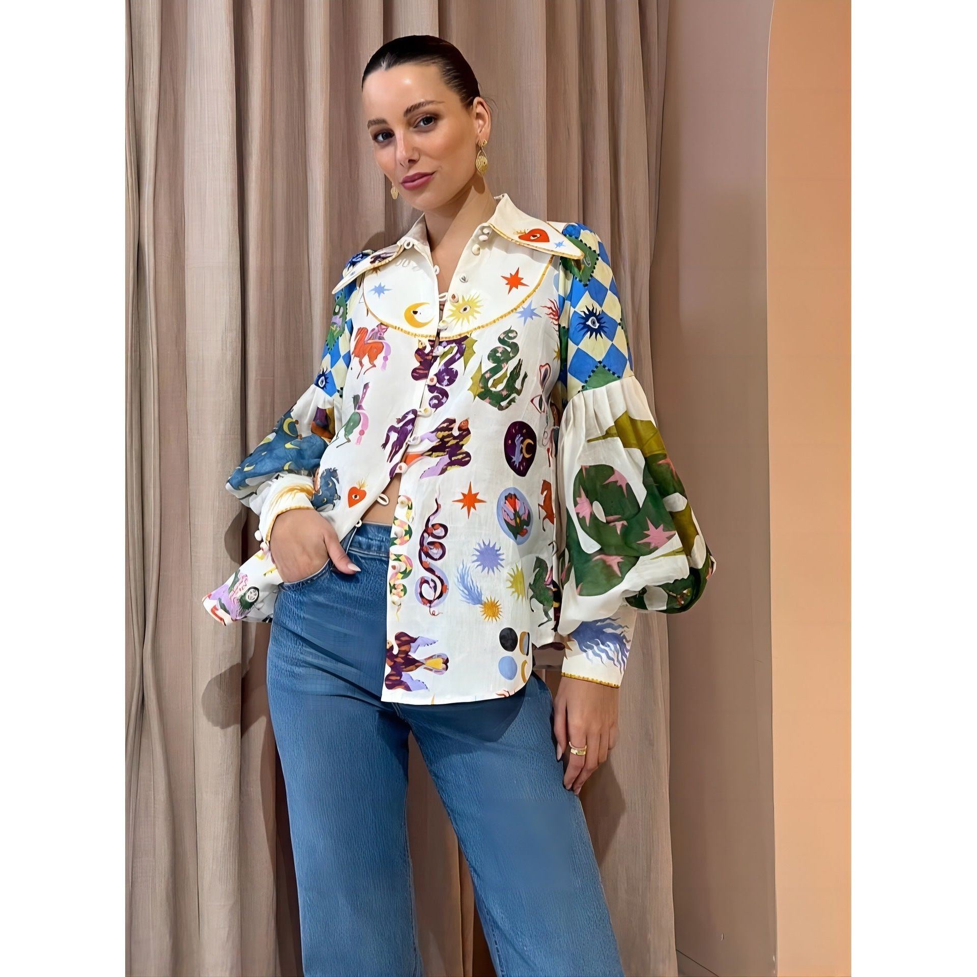 Personalized Graffiti Printing Lapel Lantern Sleeve Cardigan Shirt - Jointcorp