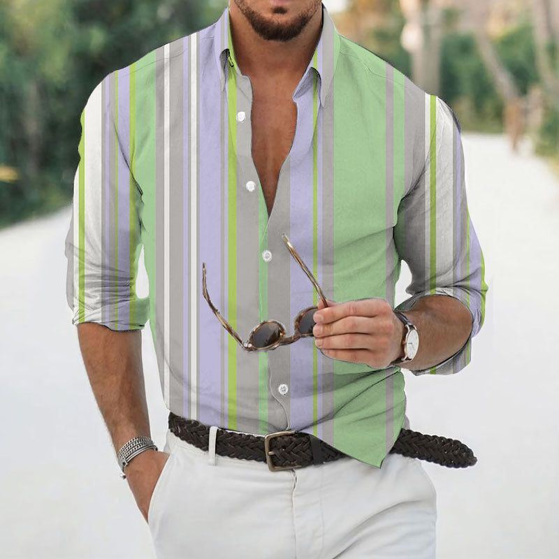Men's Fashion Casual Vertical Stripes Lapel Digital Print Long Sleeve - Jointcorp