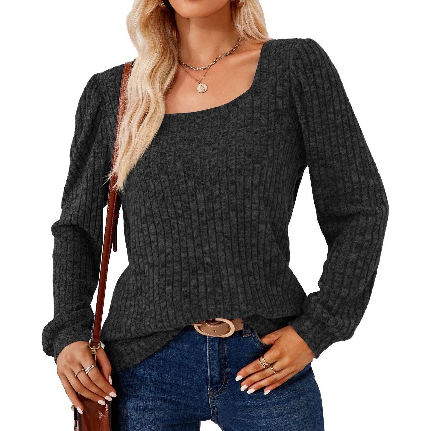 Square Collar Solid Color Rib Fabric Loose Long-sleeved T-shirt Top For Women