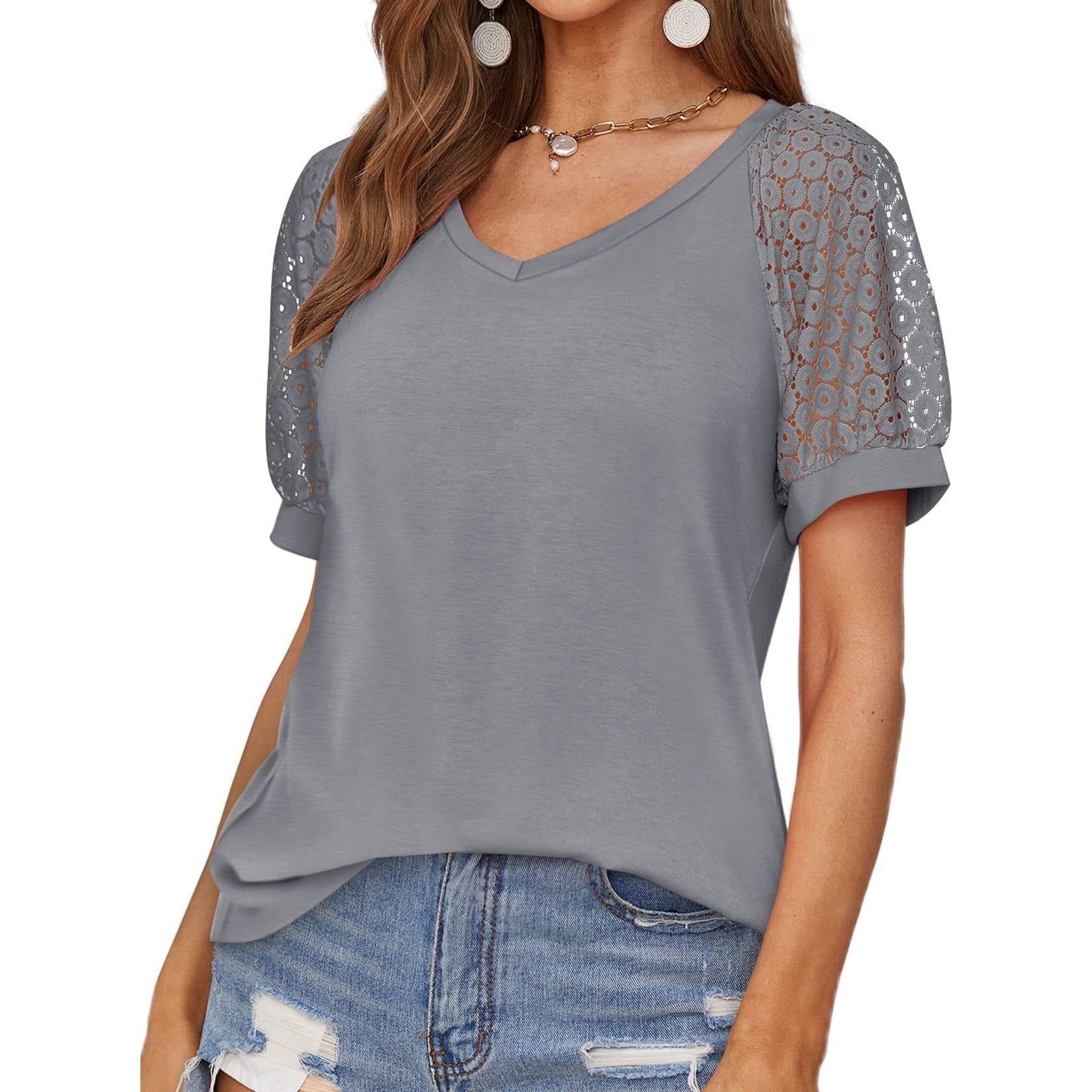 V-neck Lace Stitching Casual T-shirt For Women
