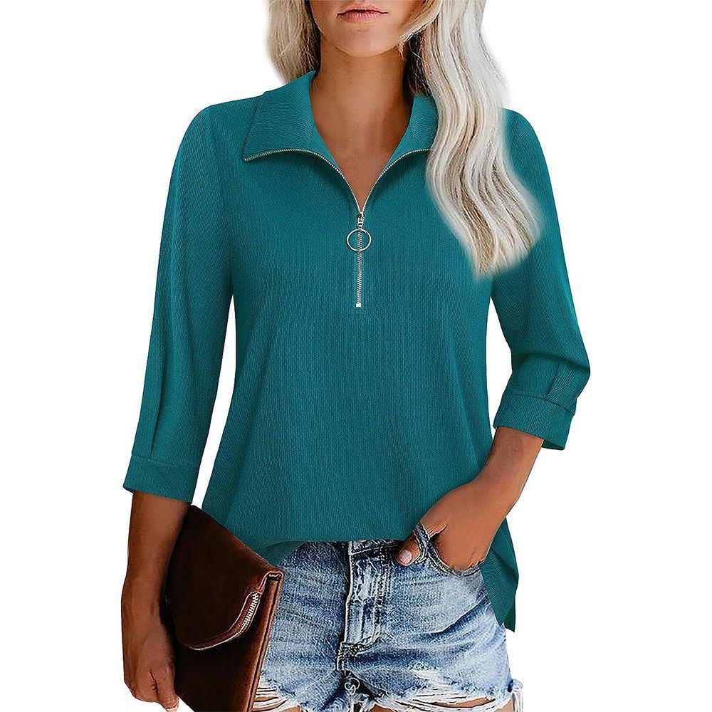 Three-quarter Sleeve Zipper Ladies' V-neck T-shirt Top