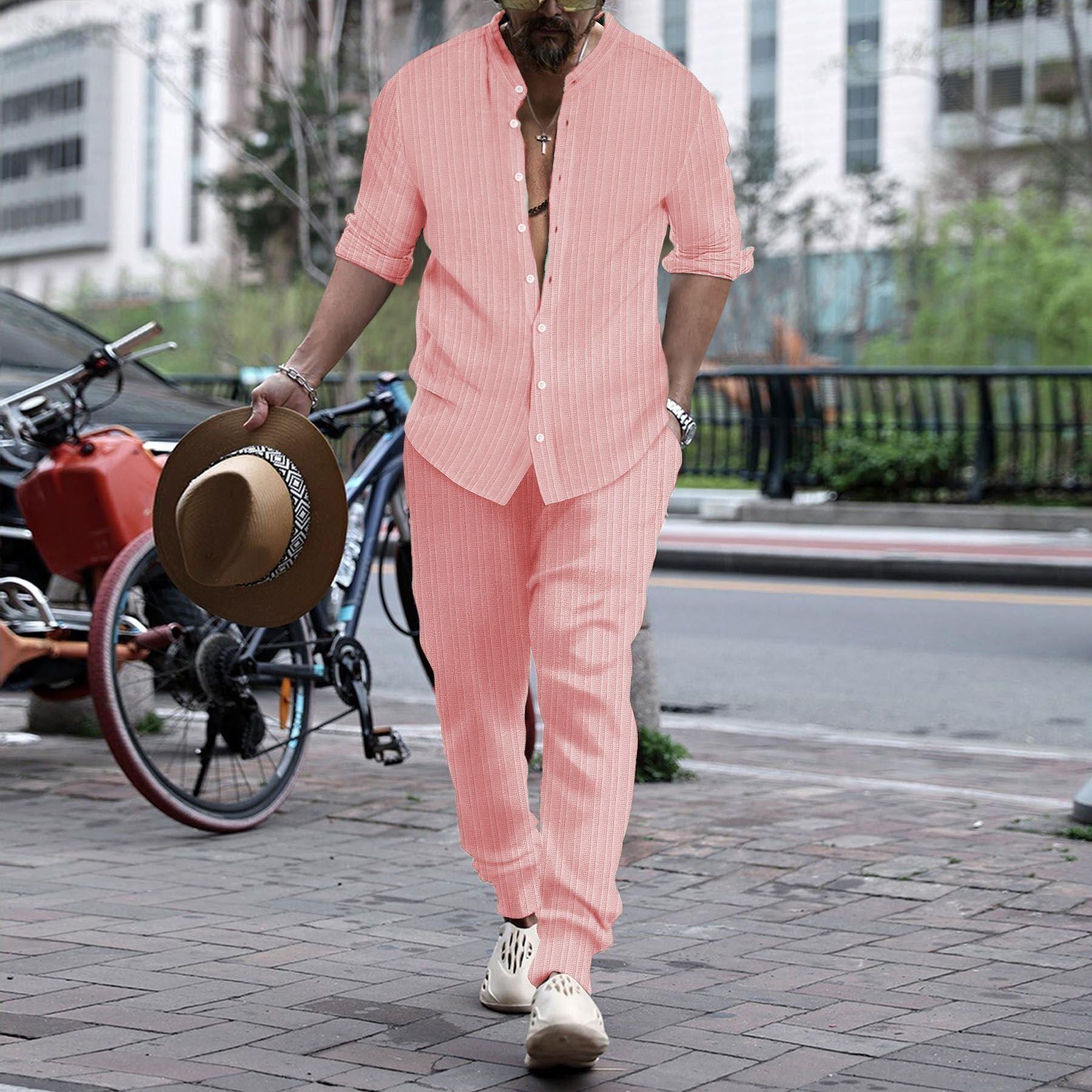 Men's Striped Hengli Collar Shirt Trousers - Jointcorp