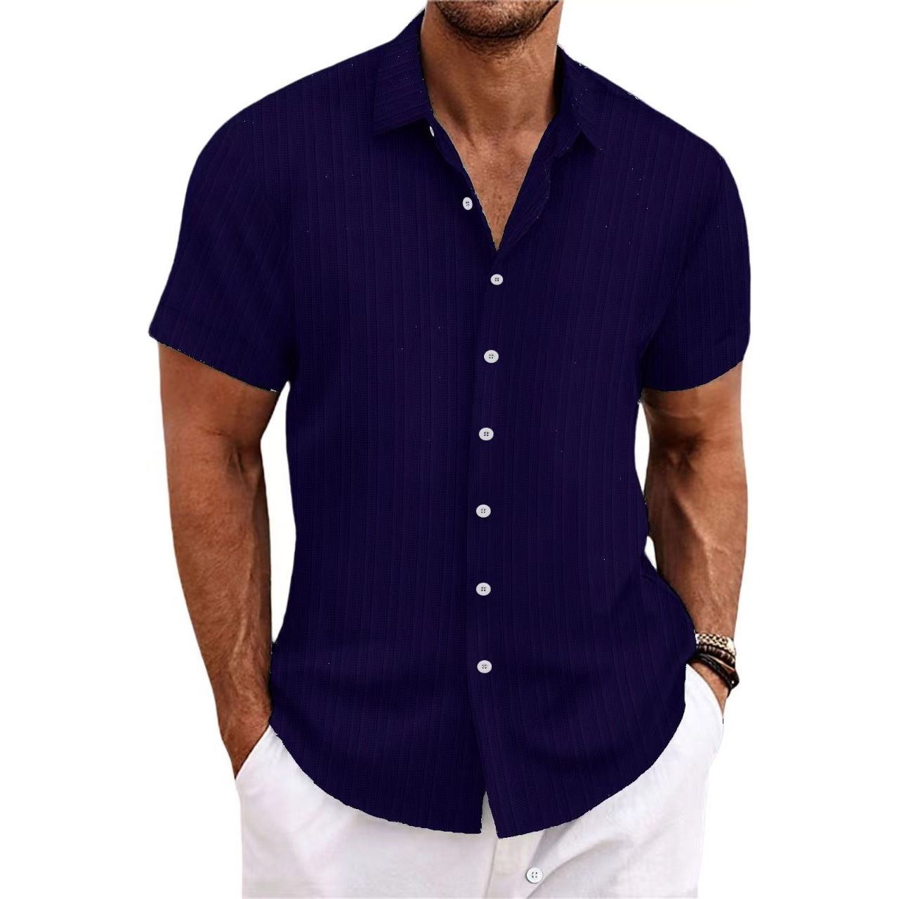 Men's Cotton And Linen Stripes Jacquard Casual Loose Short Sleeves