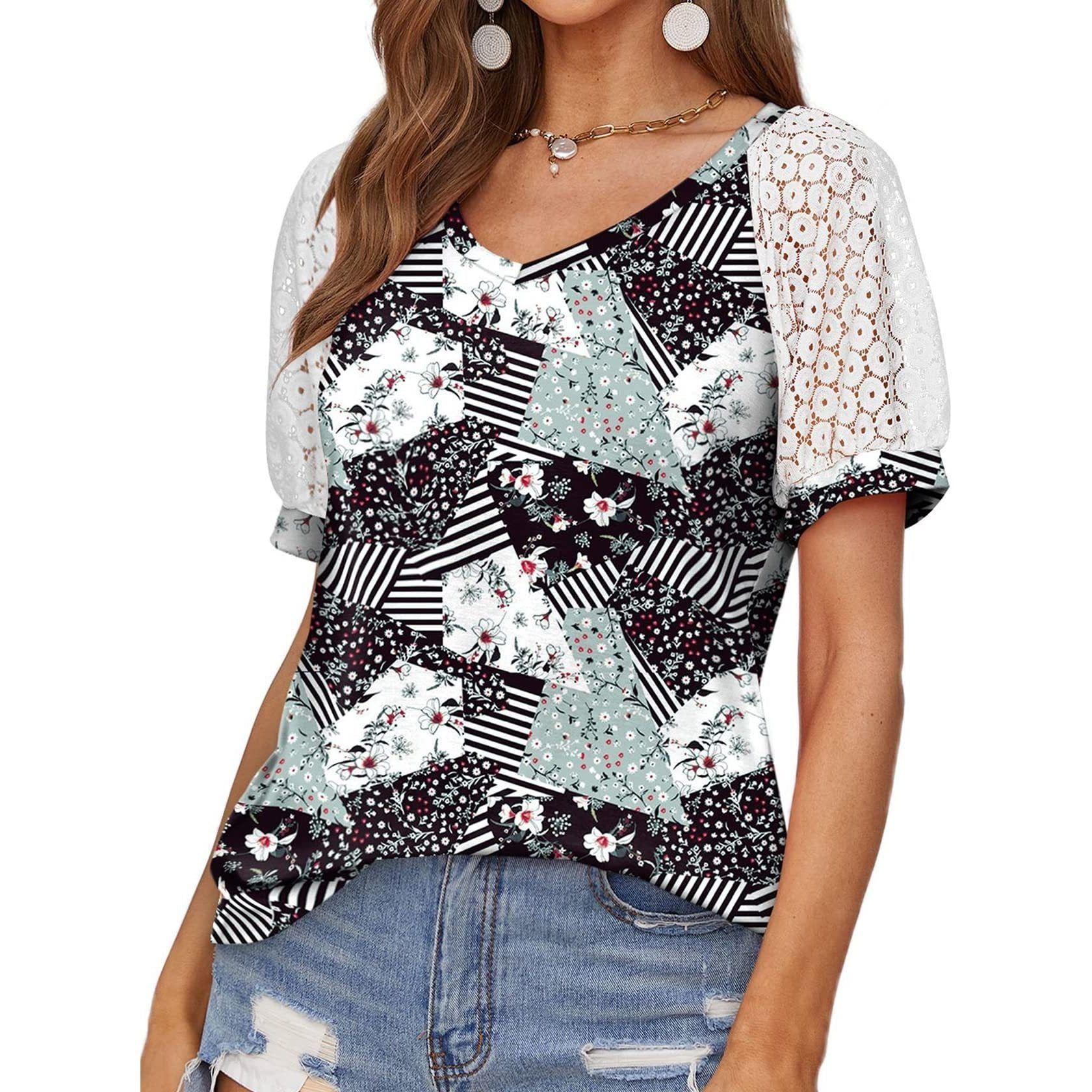 V-neck Lace Stitching Casual T-shirt For Women