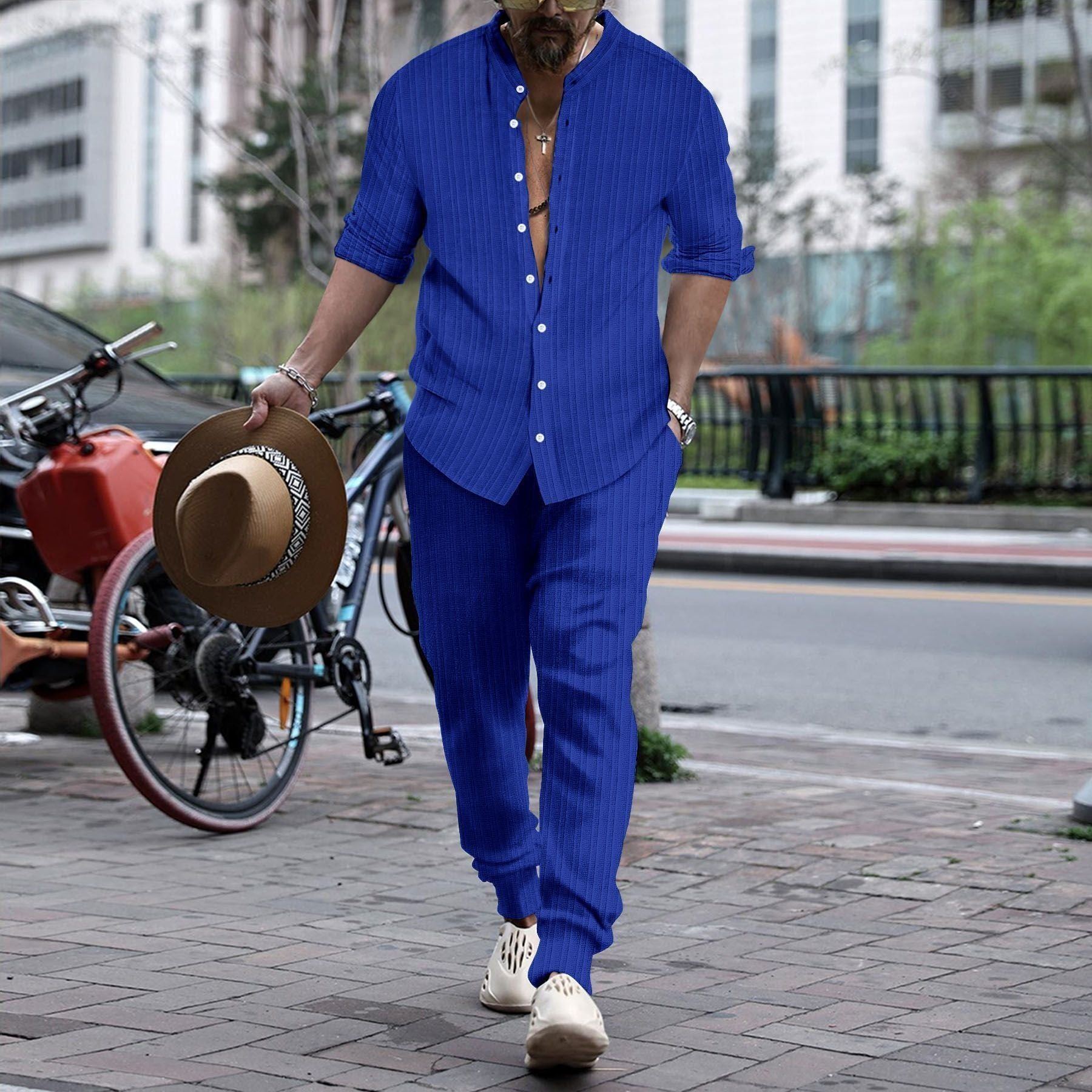 Men's Striped Hengli Collar Shirt Trousers - Jointcorp