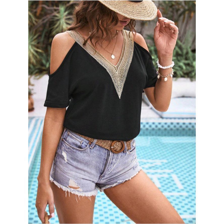 Summer New V-neck Casual Hollow Sleeve Short Sleeve Solid Color Top - Jointcorp