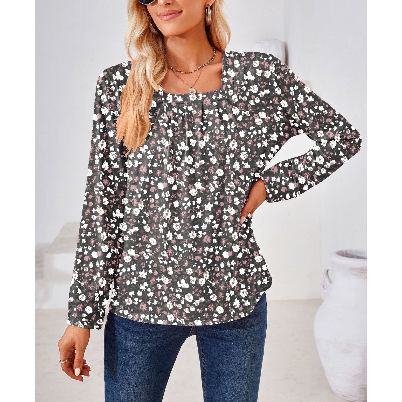 Women's Fashion Casual Square Collar Fold Floral Long Sleeve Loose Top T-shirt