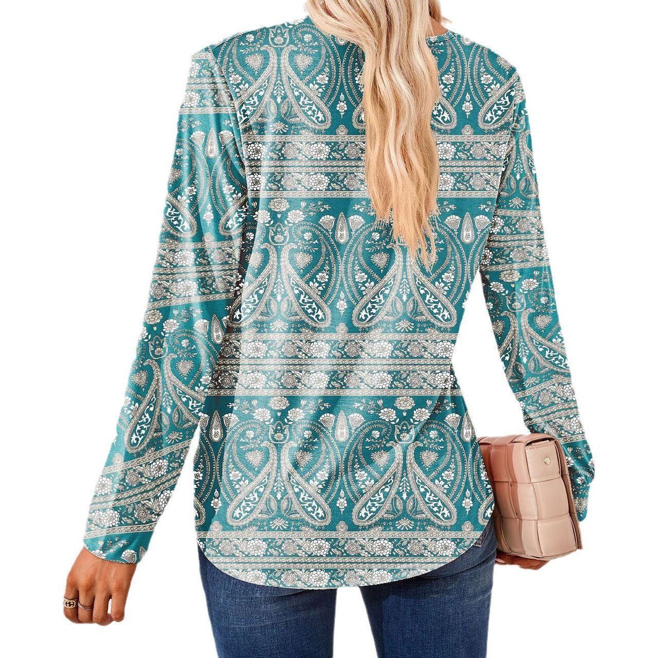 Women's Fashion Casual Square Collar Fold Floral Long Sleeve Loose Top T-shirt