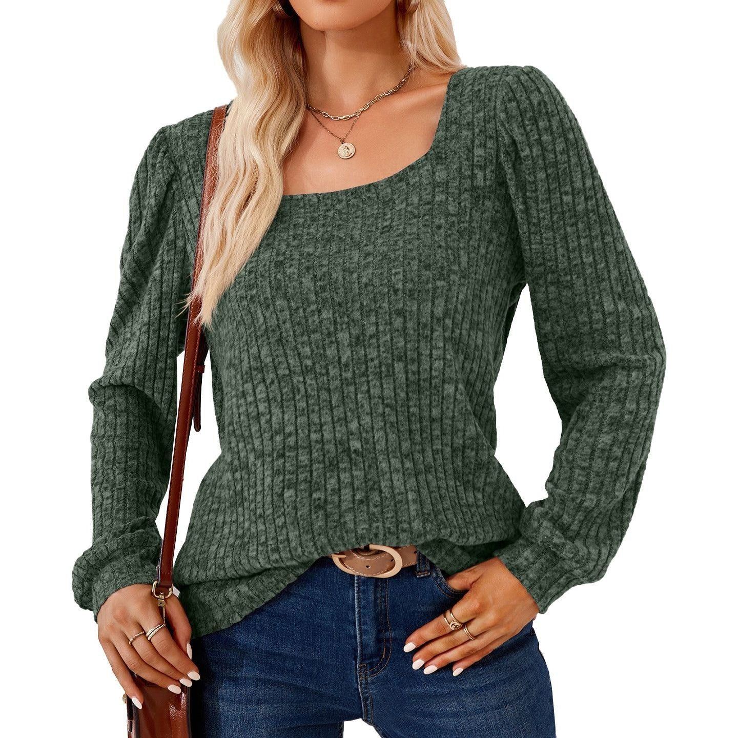 Square Collar Solid Color Rib Fabric Loose Long-sleeved T-shirt Top For Women