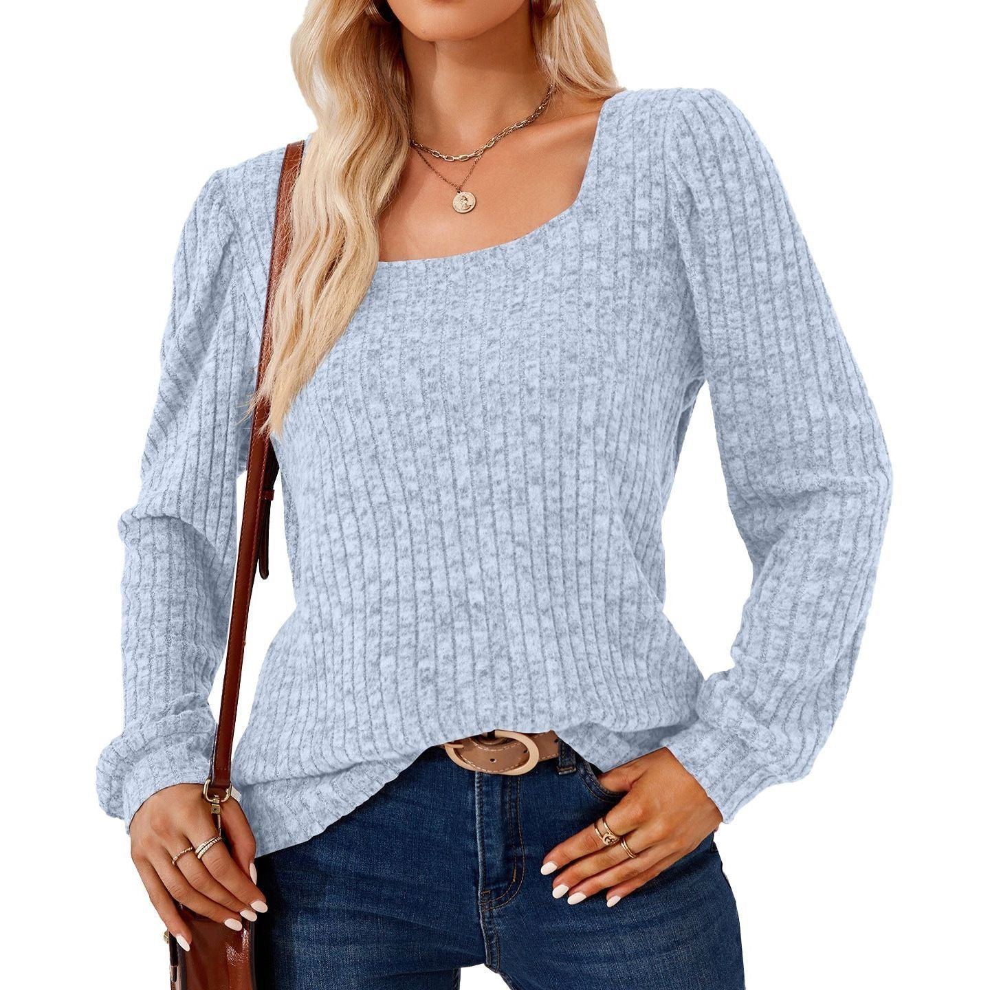 Square Collar Solid Color Rib Fabric Loose Long-sleeved T-shirt Top For Women