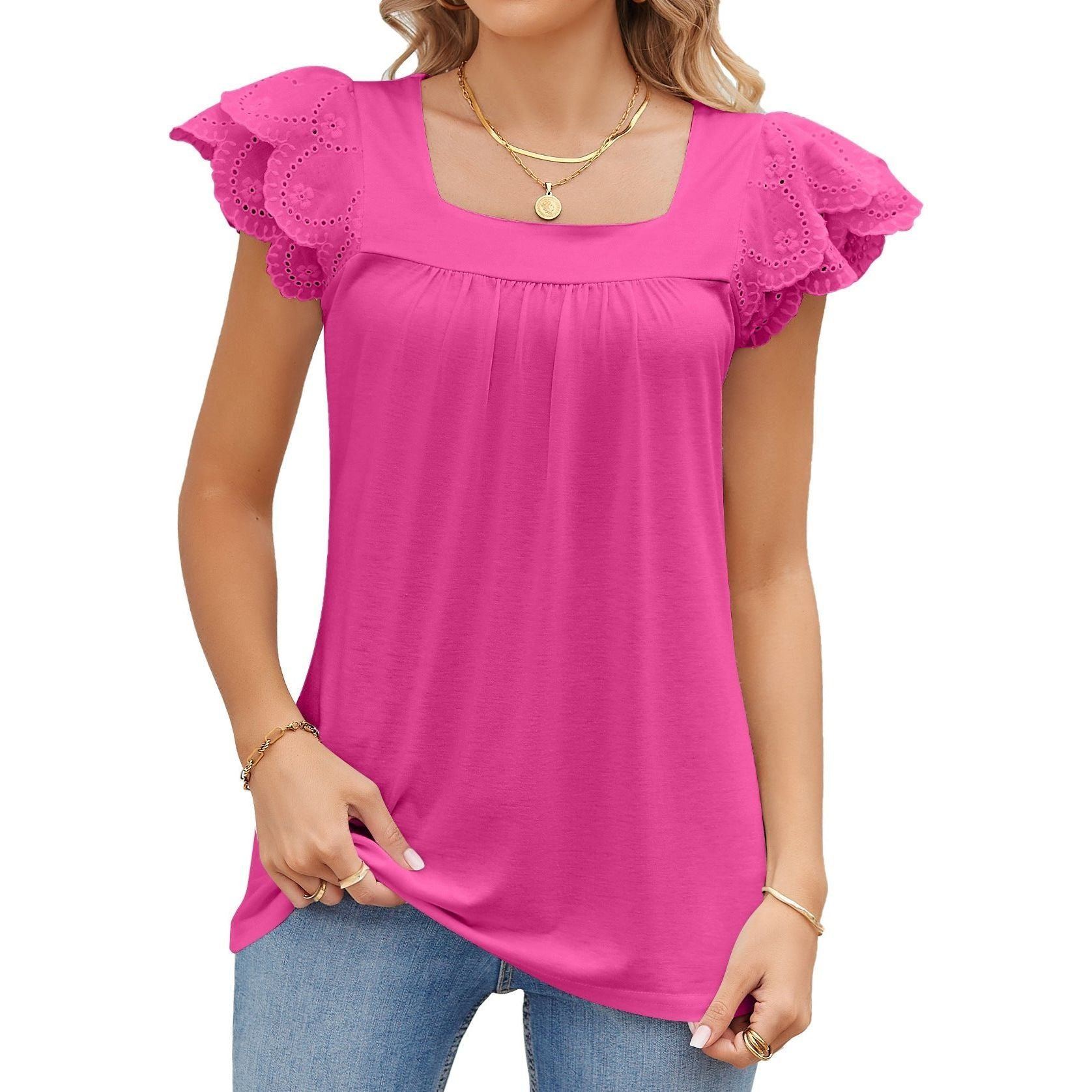 Solid Color Lace Stitching Square Collar Petals Short Sleeve T-shirt Top Female