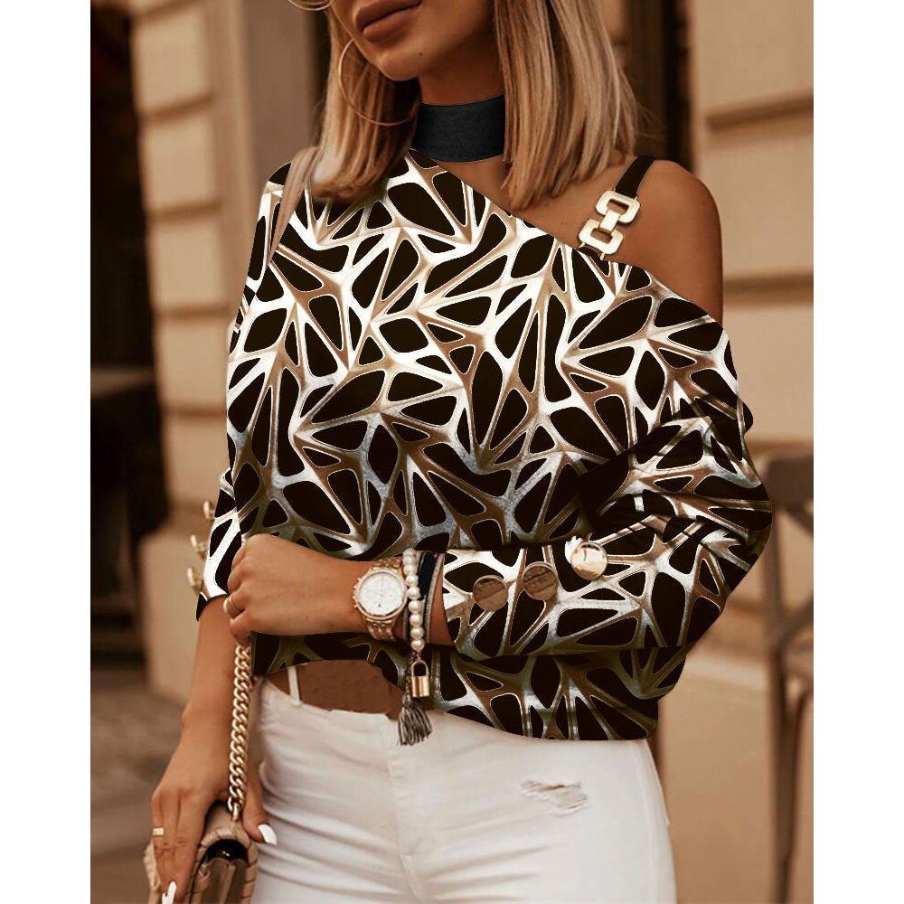 Printed Off-the-shoulder Long Sleeve Halter Metal Buckle Decorative Top - Jointcorp