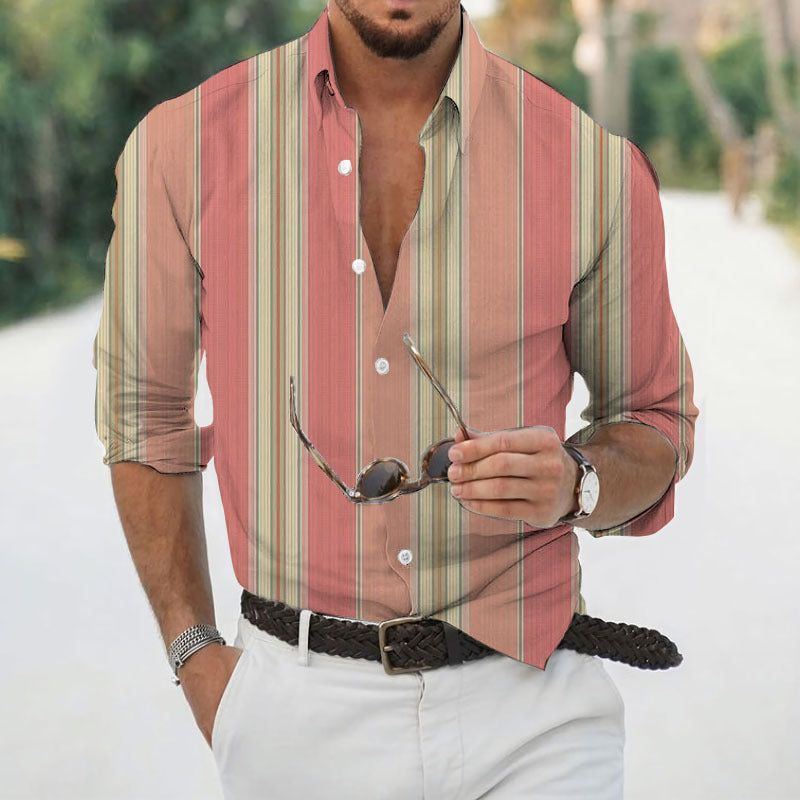 Men's Fashion Casual Vertical Stripes Lapel Digital Print Long Sleeve