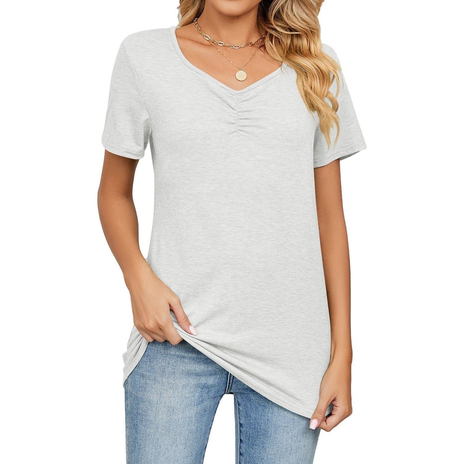 Women's Fashion V-neck Pleated Casual Solid Color Loose T-shirt - Jointcorp
