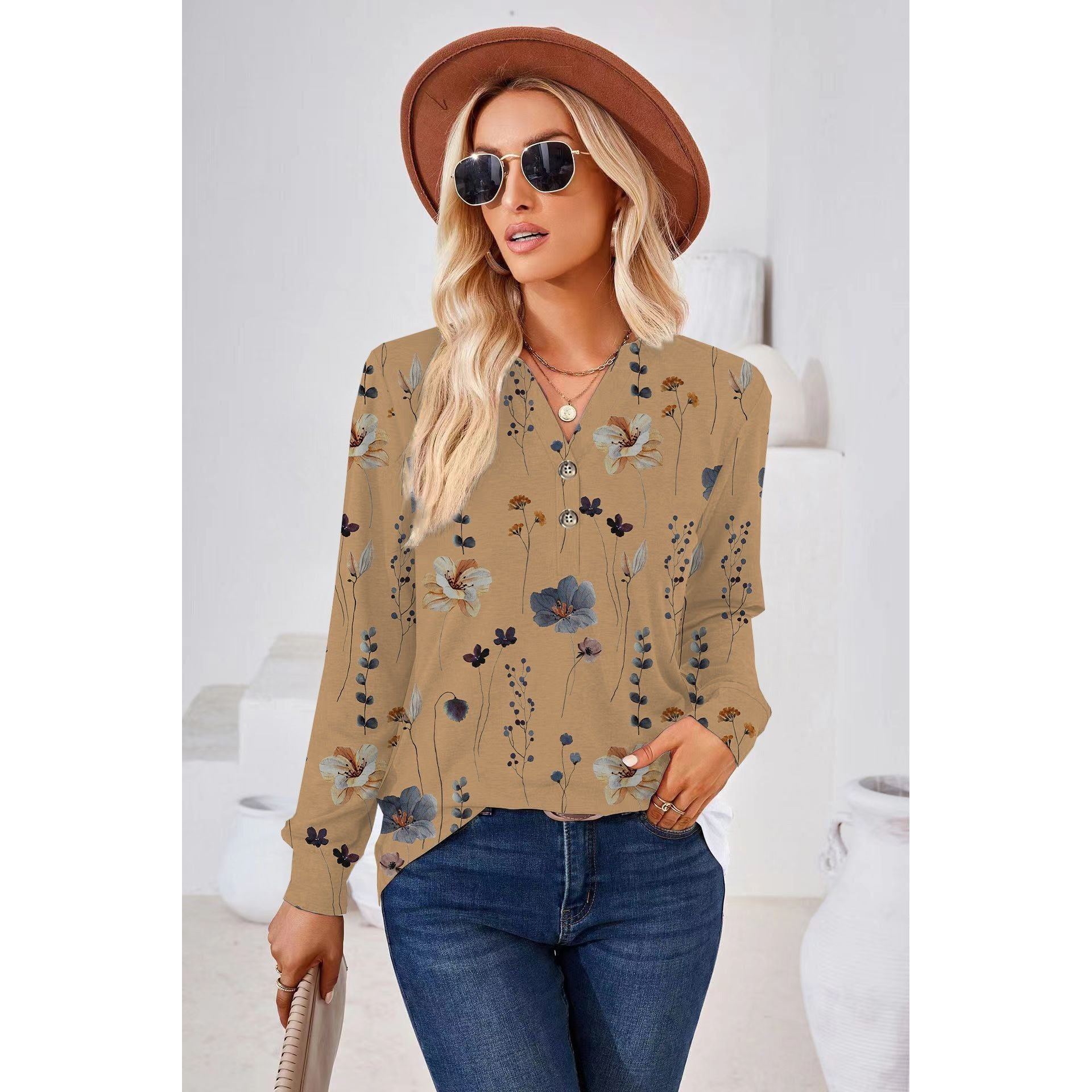 Women's Fashion Casual Printing Button V-neck Long Sleeve