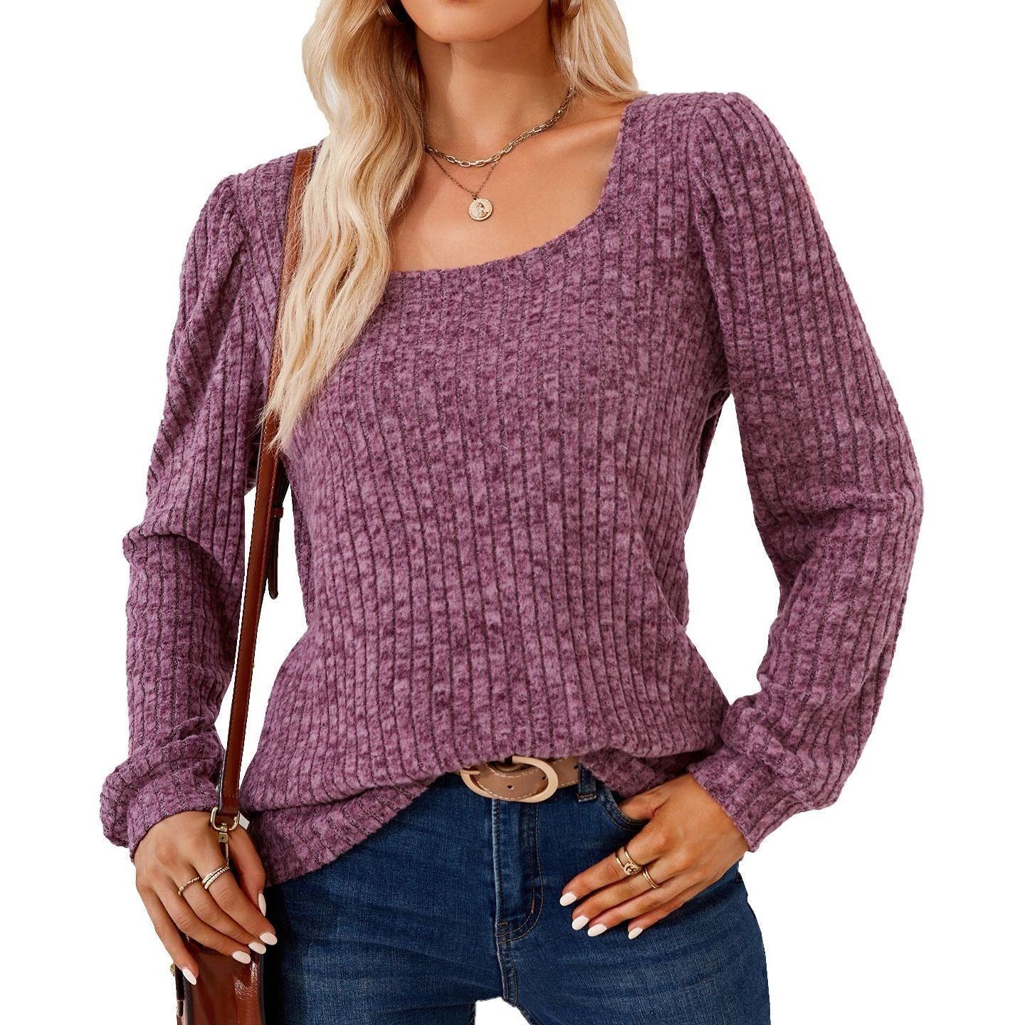 Square Collar Solid Color Rib Fabric Loose Long-sleeved T-shirt Top For Women