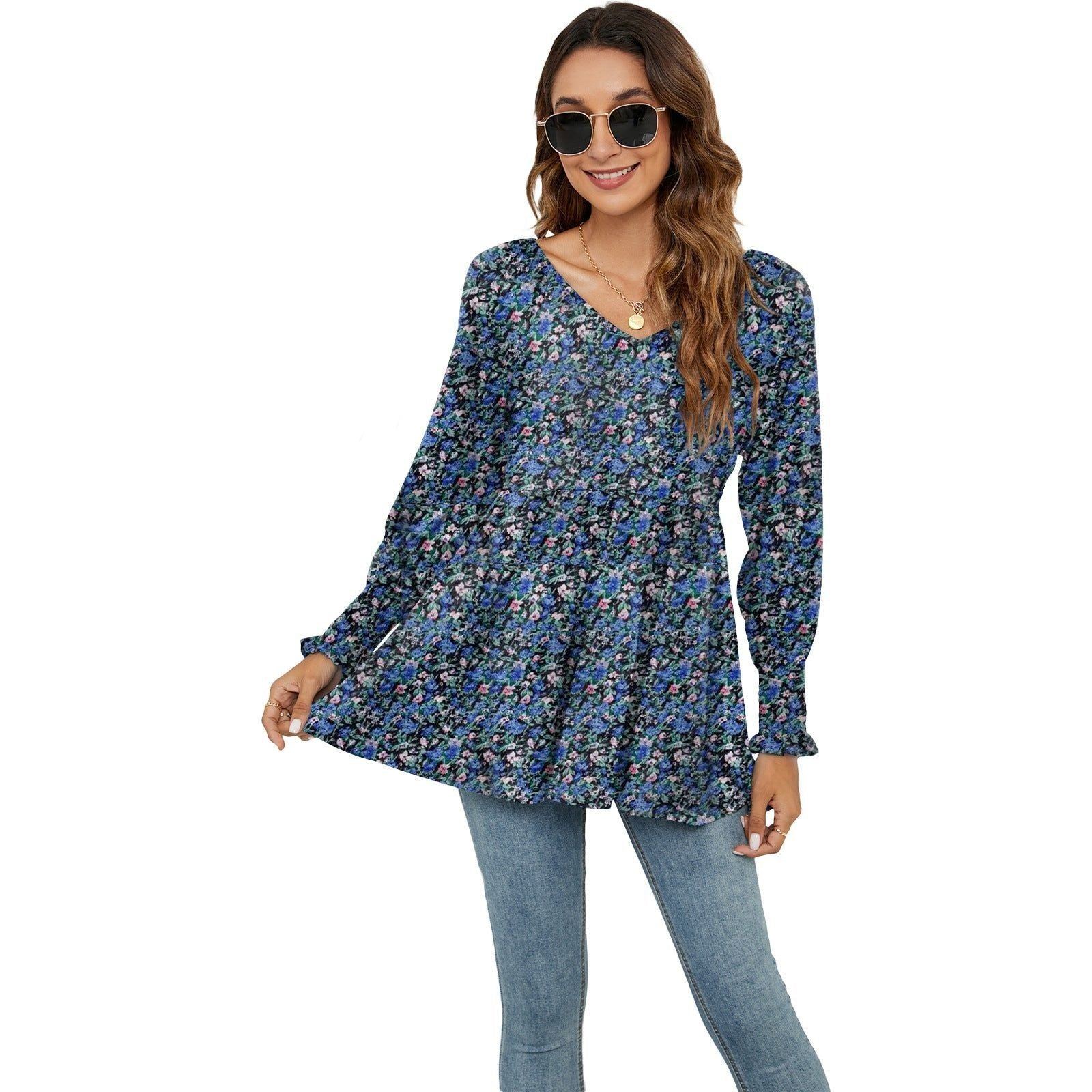 Women's Fashion Casual Printing Bubble Long Sleeve Waist Top