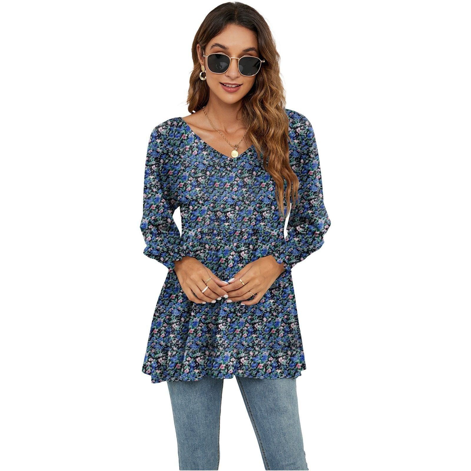 Women's Fashion Casual Printing Bubble Long Sleeve Waist Top