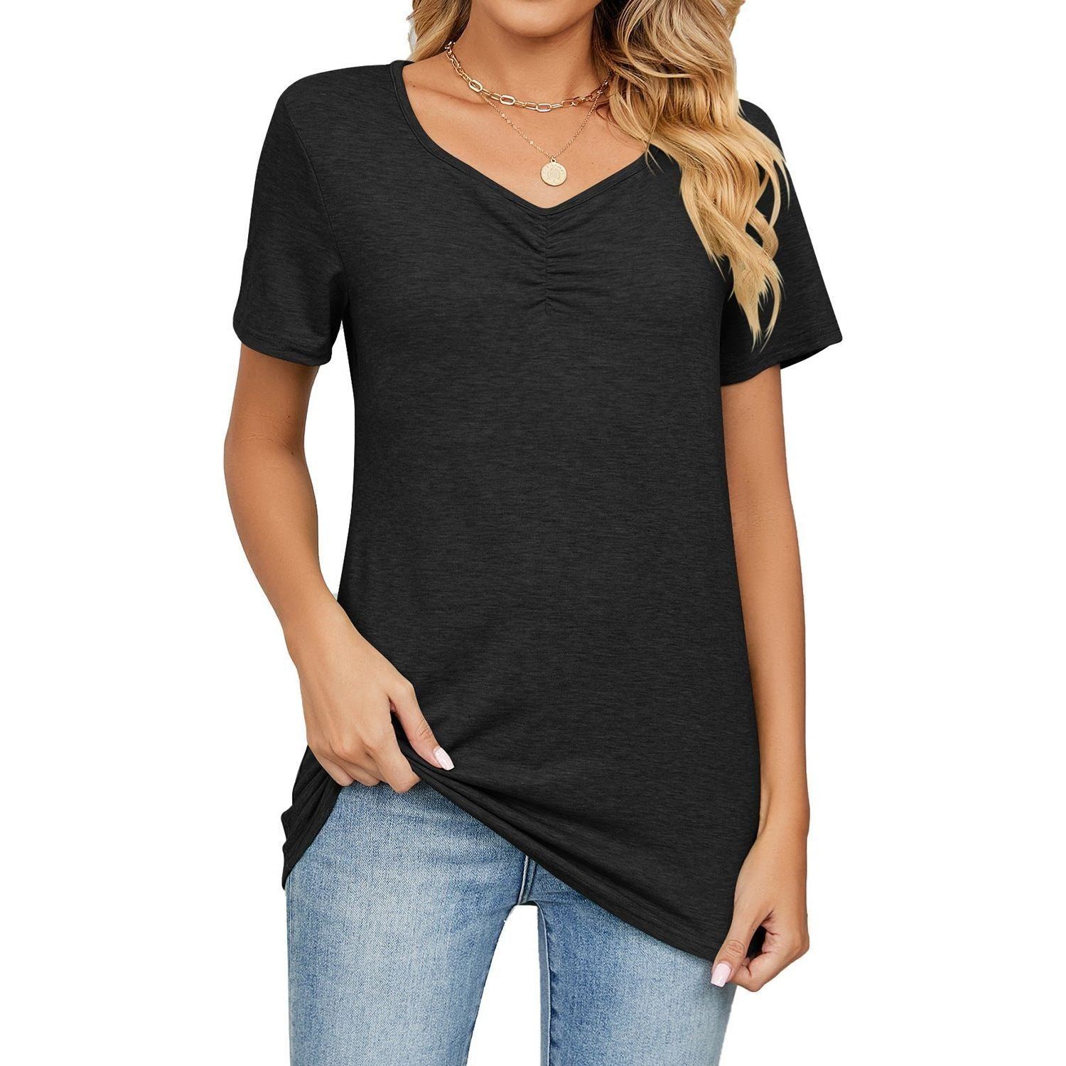 Women's Fashion V-neck Pleated Casual Solid Color Loose T-shirt - Jointcorp