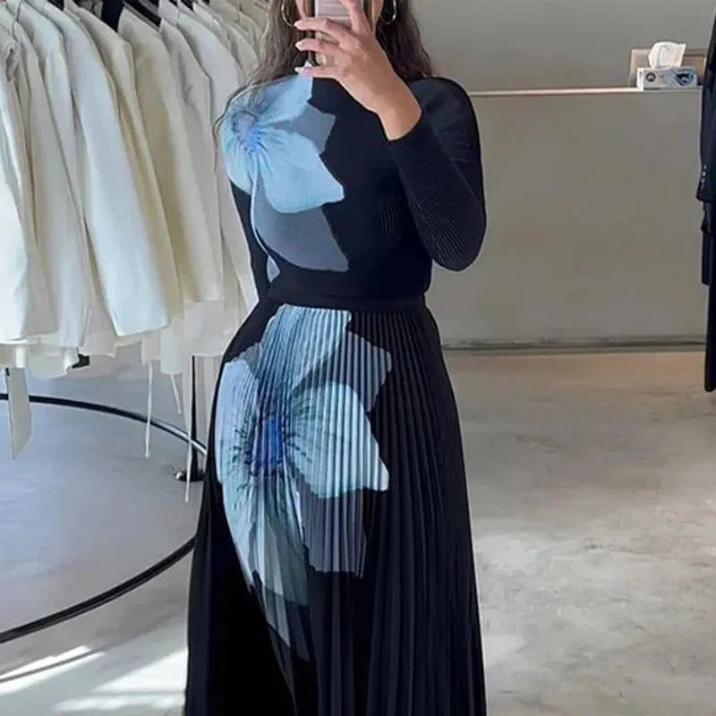 Women Two Piece Set Autumn Office Casual Floral Printed Long Sleeve Round Neck Knitted Top Loose Pleated Skirt Sets