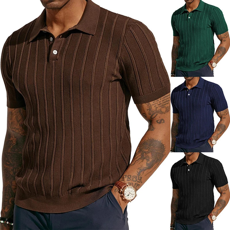 2024 Summer Short Sleeve Casual Polo Shirt Men Knitted Turn-down Collar Buttoned T Shirts Vintage Striped Knitting Solid Polos