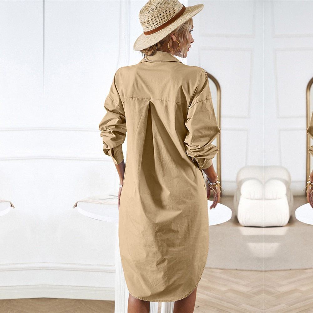 Ladies Vintage Solid Spring Autumn Dress Women Casual Button Lapel Streetwear Office Lady Women Shirt Dress Tops - Jointcorp
