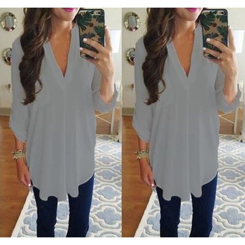 Loose Maternity V-Neck Blouse Long Sleeve Shirt Pullover Tops Chiffon Female Women Solid T-Shirt Streetwear Clothing Plus Size