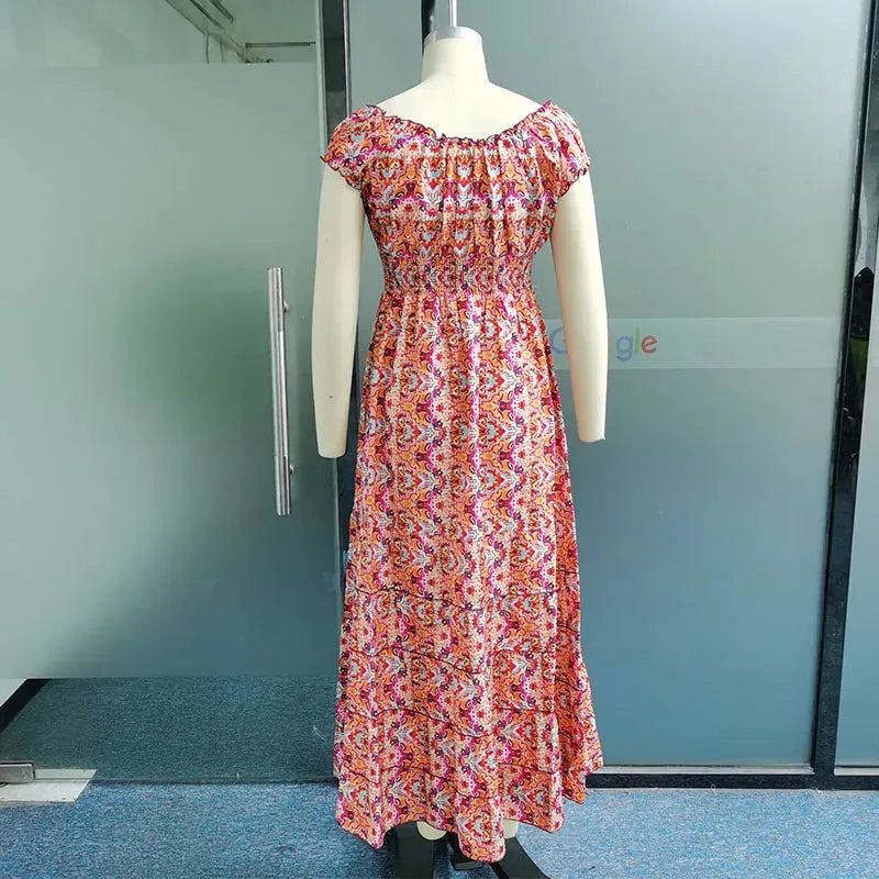 Women Maxi Dress Fashionable Strapless Short Sleeve V Neck