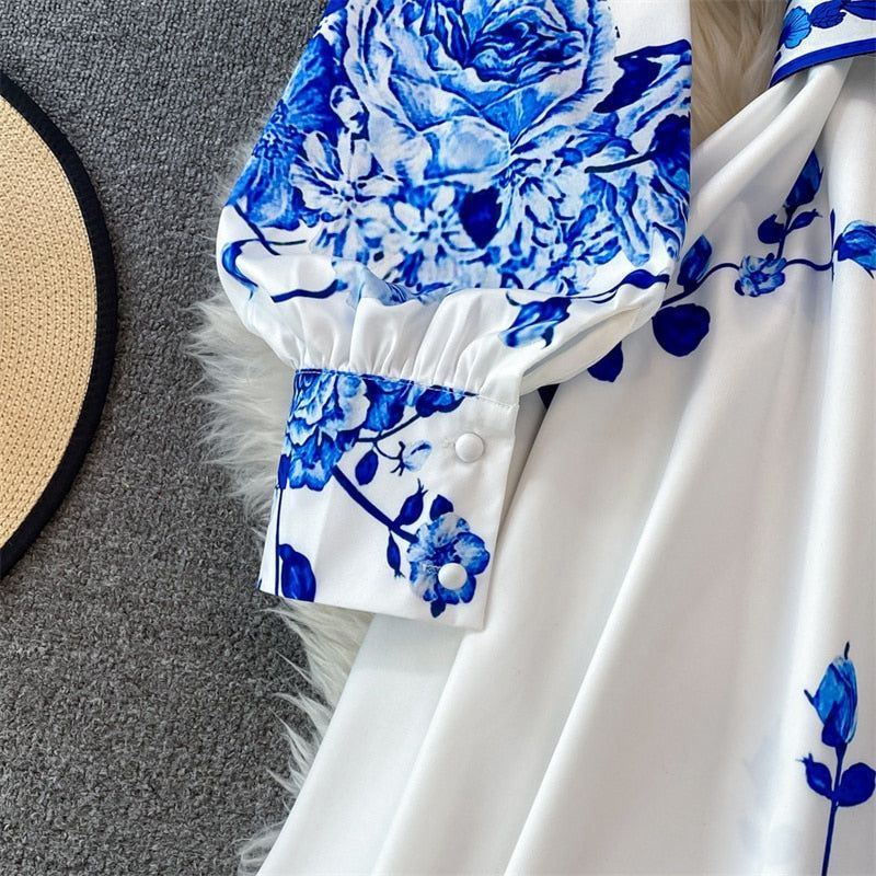 Spring Vintage Flower Print Long Dress With Belt Stand Collar Lantern Sleeve Single-breasted Party Vestido Elegant Women Dresses - Jointcorp