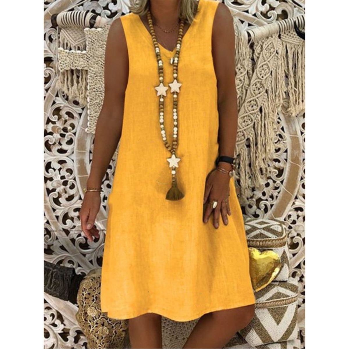 Retro Tank Dress Summer Women Dress Cotton Linen V Neck Sleeveless Solid Beachwear Casual Women's Clothing Vintage dresses - Jointcorp