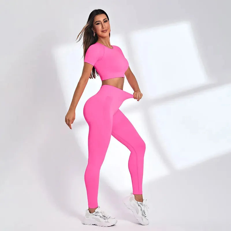 Women Yoga 2 Pieces Workout Outfits Seamless High Waist Leggings Sports Crop Top Running Clothes Sets