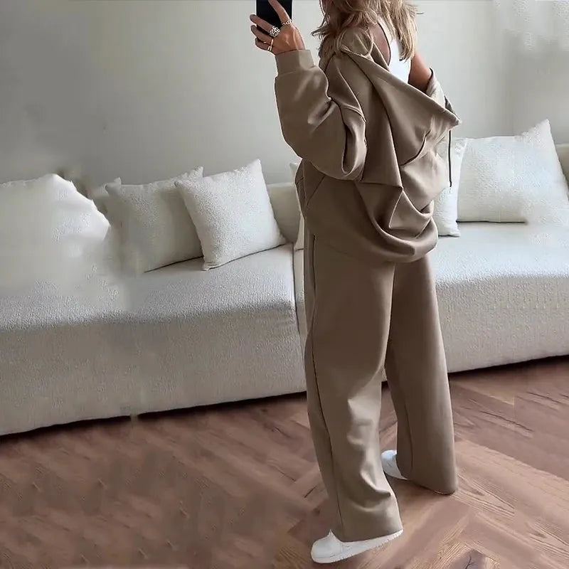 Women Two Piece Set Autumn Winter Casual Long Sleeve Solid Hooded Zippered Top Loose Pants Drawstring Lace Up Pant Set