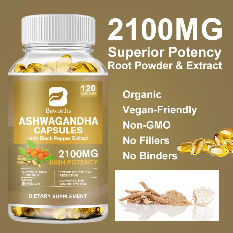 BEWORTHS Organic Ashwagandha Root Extract Capsules Help Sleep Stress Relief Better Mood Balance hormones Male Functional Health