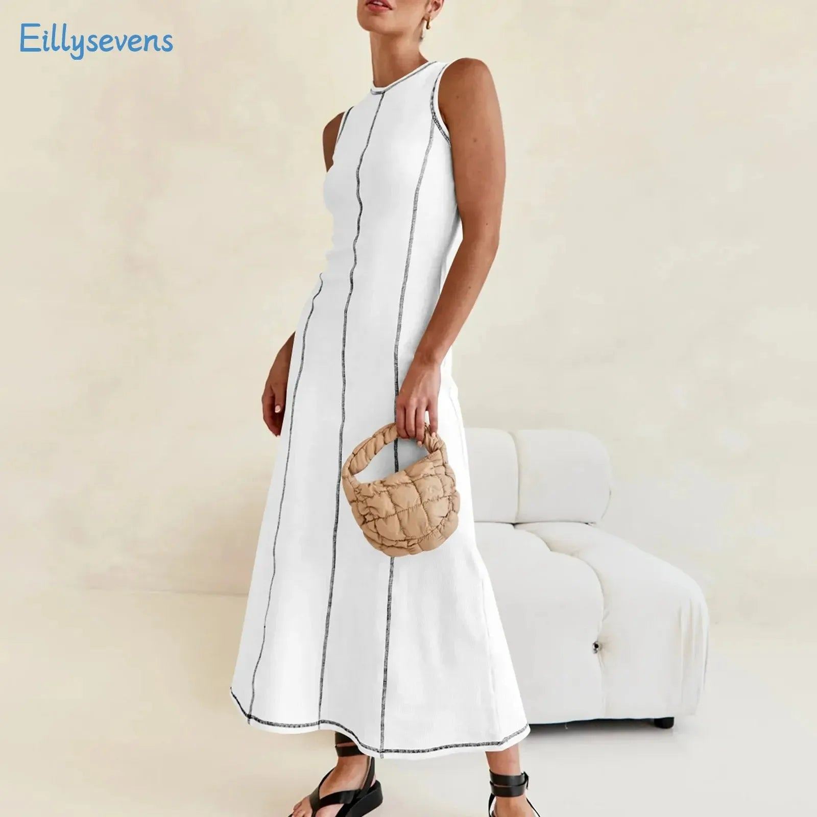 New Contrasting Line Dress Round Necked Sleeveless Slim Fit Vest Dresses For Women Summer Fashion Trend All-Match Vacation Dress