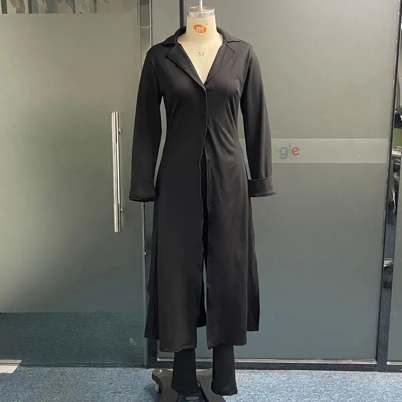 Women Two Piece Set Autumn Casual Simple Solid Lapel Single Breasted Button Long Sleeve Long Shirt Top Slim Pants Sets