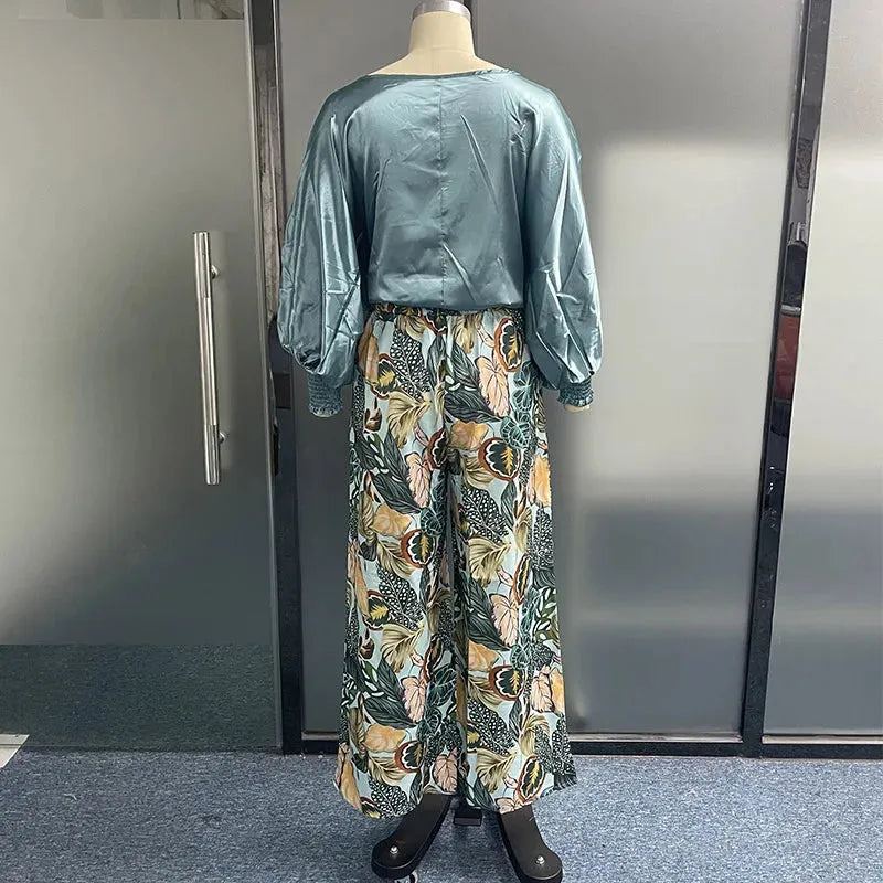 Women Two Piece Set Fashion Long Lantern Sleeve Solid Round Neck Top Loose Wide Legs Print Pants Sets Streetwear