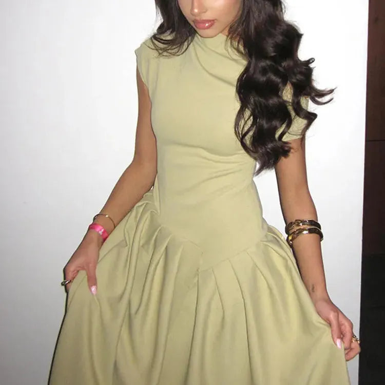 Chic Solid High Collar Pleated Patchwork Dress Elegant Short Sleeved Slim Fit A-line Dresses 2024 New Lady High Street Robe