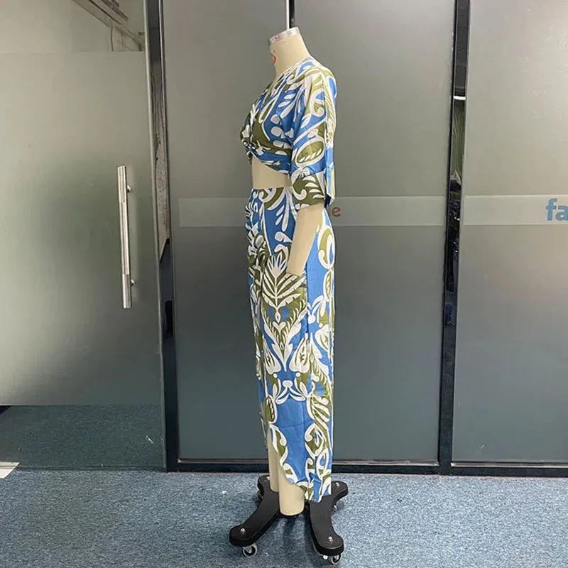 Women Two Piece Set Casual Half Sleeve V Neck Printed Cross High Waist Top Irregular Pleated Slit Slim Long Skirt Sets