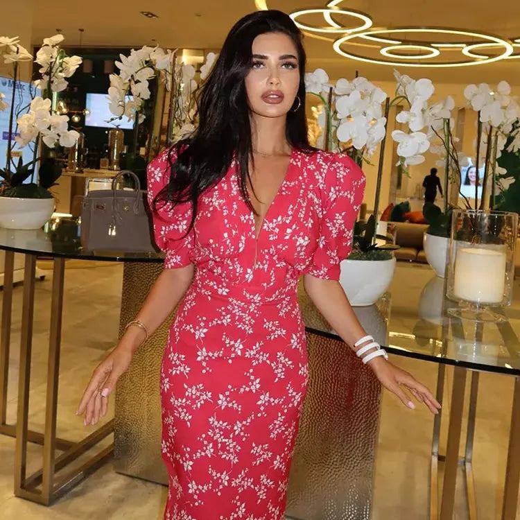 New Elegant Luxury Green Evening Dress Vestidos 2024 Women Formal Puff Sleeve Print Floral Party Robe Lady Chic Street Dresses